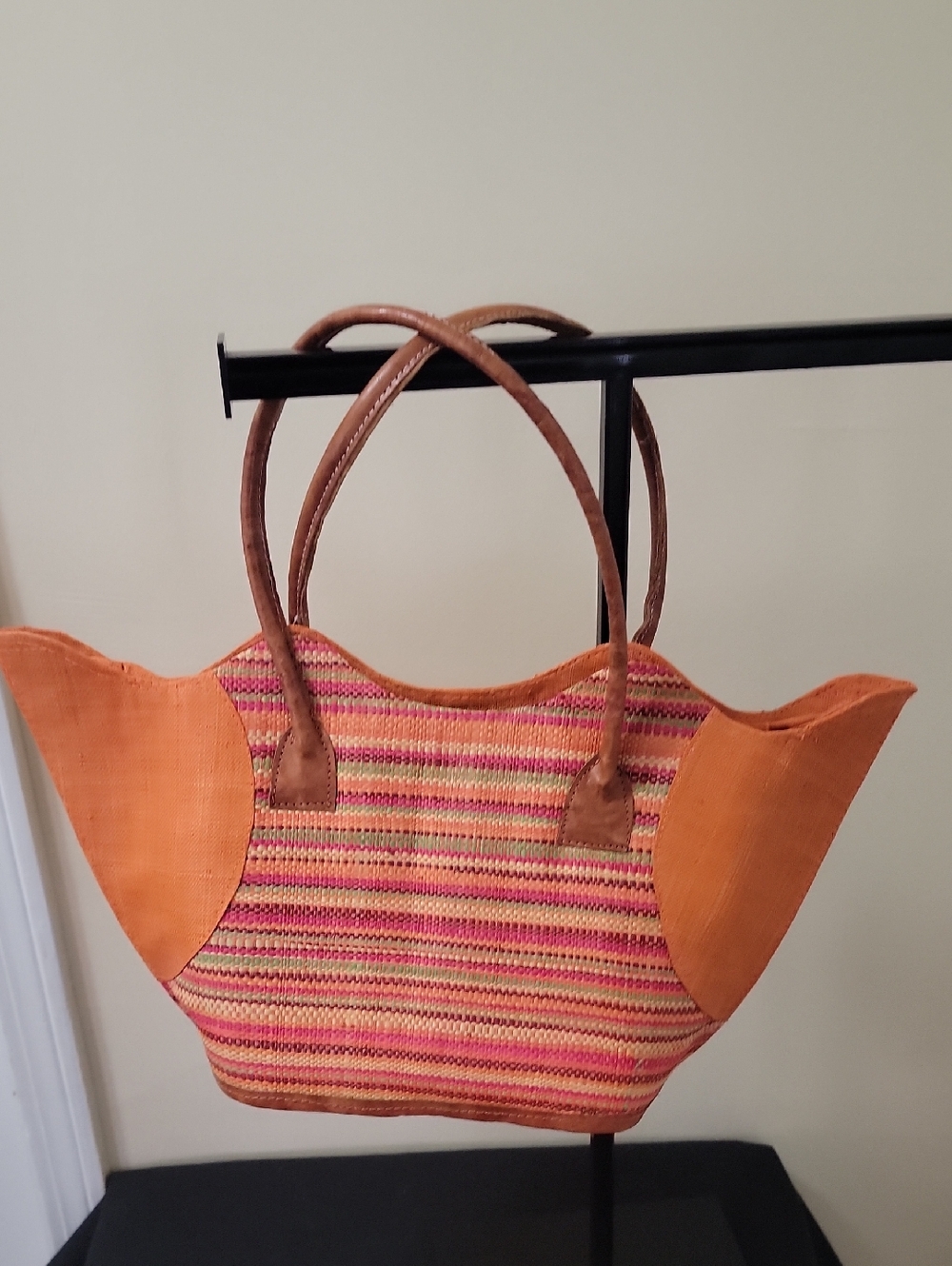 Orange Striped Straw Tote Bag - Unbranded